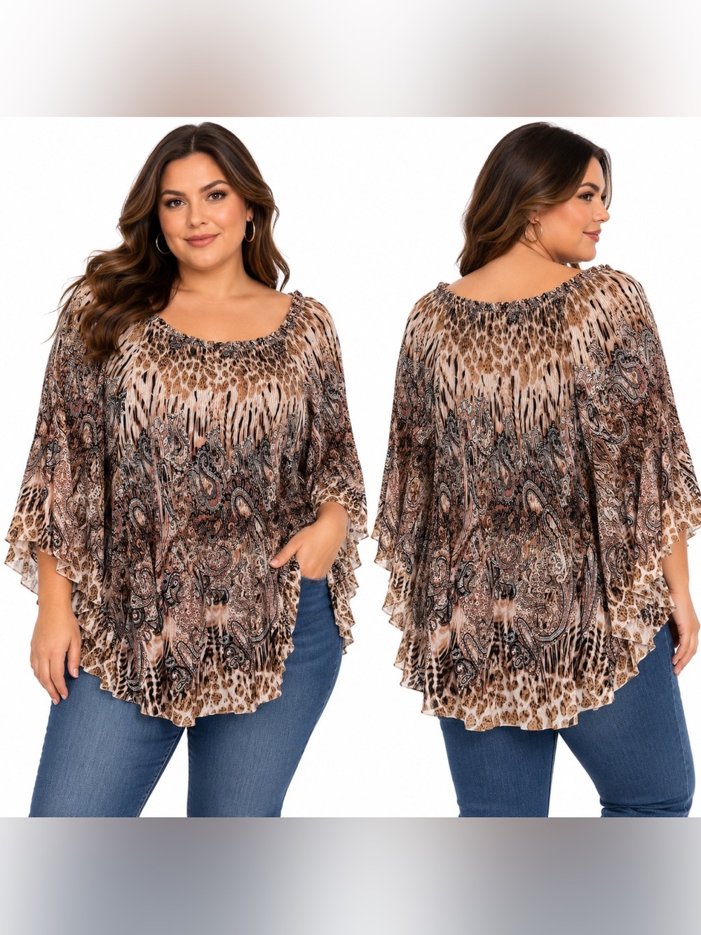 Melissa Paige Pleated Boho Peasant Top, Off The Shoulder Paisley Earthy Vibe 2X